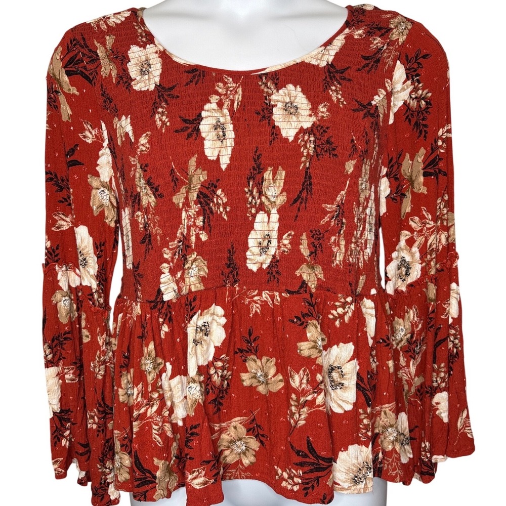 Torrid Women Rust Floral Peplum Top Sz 2 Bell Sleeve Boho Flowy Cottagecore